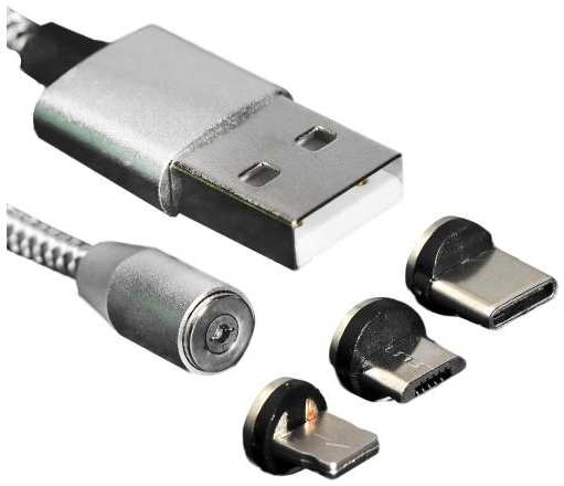 Кабель Windigo 3 в 1, microUSB/Lightning/Type-C-USB, магнитный, 1 м, серебристый (7108444) 90154770802