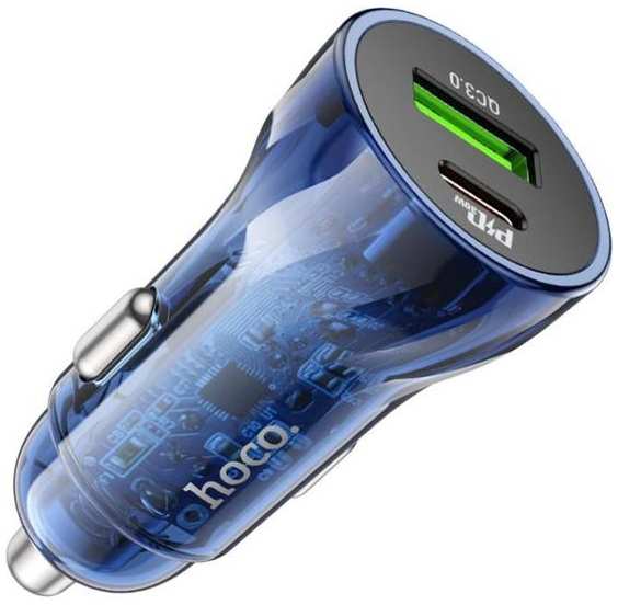 Автомобильное зарядное устройство HOCO Z47A, Type-C, USB, 30 Вт, PD+QC, прозрачное, синее (9881798)
