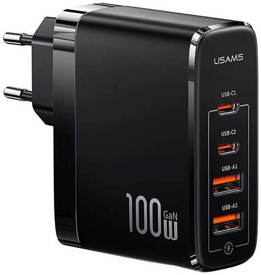 Сетевое зарядное устройство Usams US-CC145 T44, GaN Fast PD+QC 2A+2C 100W Black (CC145TC01) 90154783660