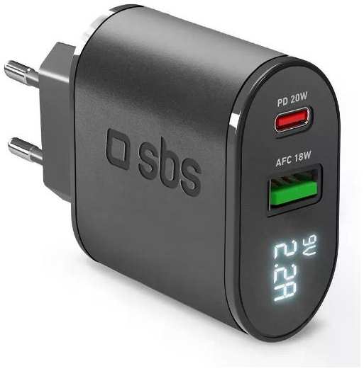 Сетевое зарядное устройство SBS USB Type-C PD 20W + USB AFC, LCD дисплей (TETREV20PDW)