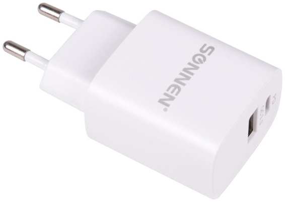 Сетевое зарядное устройство Sonnen USB + Type-C, QC 3.0, 3 А, белое (455505)