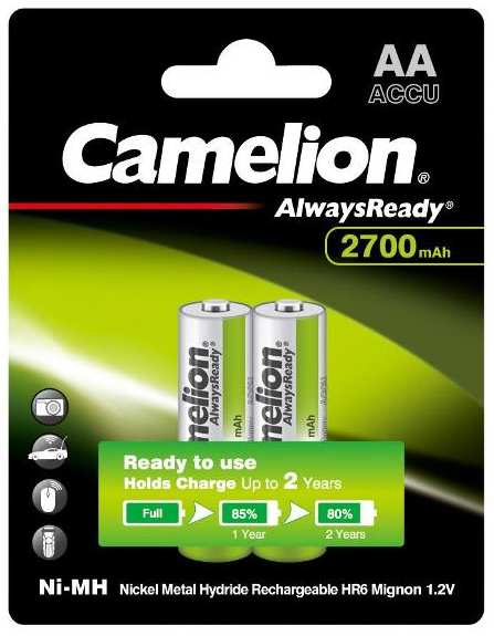 Аккумуляторы Camelion Always Ready, AA, 2700mAh, Ni-Mh, 1,2V, 2 шт (NH-AA2700BP2) 90154857350
