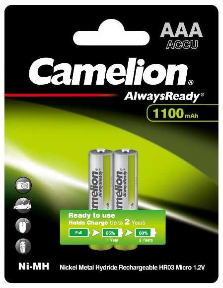 Аккумуляторы Camelion Always Ready AAA, 1100mAh Ni-Mh, 2 шт (NH-AAA1100BP2) 90154857354