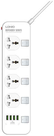 Сетевой фильтр LDNIO SC4408, 4 розетки, 5 выкл, 4хUSB, 2 м White (LD_B4610)