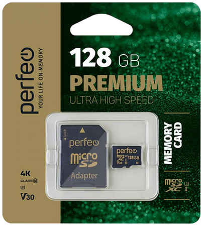 Карта памяти PERFEO V30 microSDXC 128GB Class 10 UHS-3, с адаптером (PF128GMCSX10V30A)