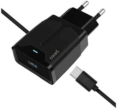 Сетевое зарядное устройство PERO TC04 USB/USB Type-C Cable 2.1A, черное (ТС04B2ATC) 9092725454