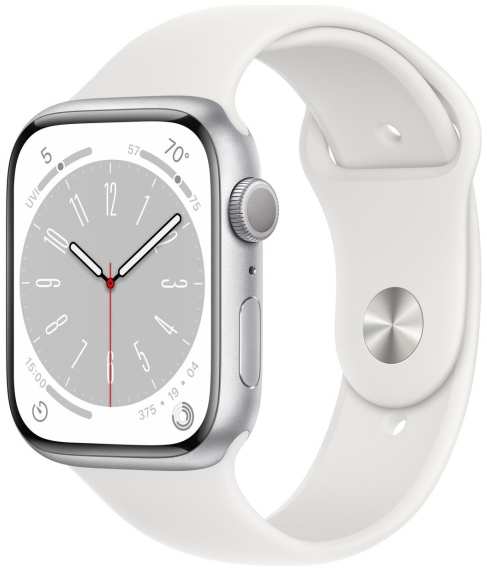 Смарт-часы Apple Watch Series 8 45mm Silver Aluminum Case with White Sport Band, размер S/M (MP6N3) 9098000569