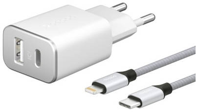 Сетевое зарядное устройство Deppa USB + USB Type-C + кабель USB-C/Lightning MFI (11390)