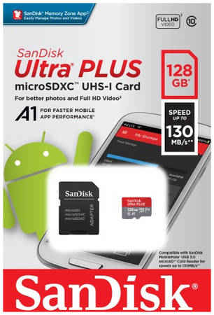 Карта памяти SDHC Micro SanDisk microSDHC Ultra Plus 128GB UHS-I (SDSQUB3-128G-GN6MA)