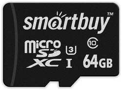 Карта памяти Smartbuy micro SDXC 64GB Class 10 Pro U3 R / W:90 / 70MB / s, с адаптером SD (SB64GBSDCL10U3-01)