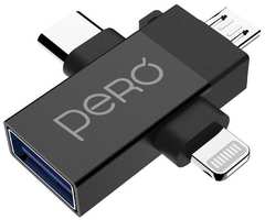 Адаптер-переходник PERO OTG Lightning / USB Type-C / microUSB / USB 3.0, черный (AD14)