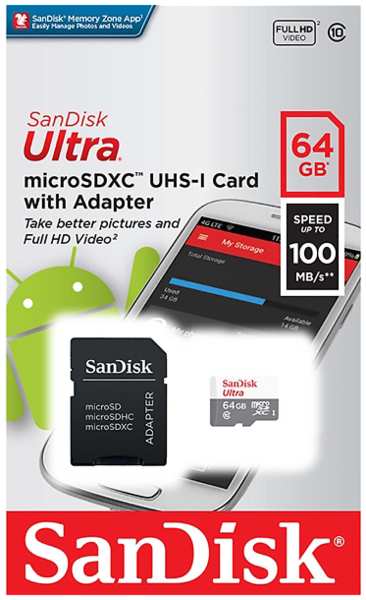 Карта памяти SanDisk Ultra MicroSD XC 64 ГБ class 10 (с адаптером)