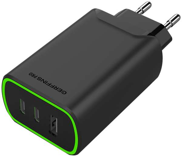 Зарядное устройство сетевое Gerffins Pro USB-A/С/С 65W, черное (GaN)