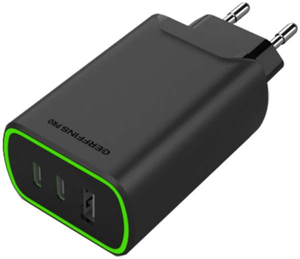 Зарядное устройство сетевое Gerffins Pro USB-A/С/С 45W, черное (GaN)