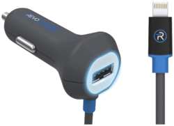 Зарядное устройство автомобильное Revocharge с разъемами lightning/USB 3,4A, серое