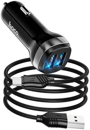 Автомобильное зарядное устройство 2xUSB с кабелем USB Type-C Hoco Z40 Superior - Черное