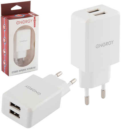 NRG Сетевое зарядное устройство Energy ET-08, 2 USB разъема, 2,1А, цвет-белый (006293)