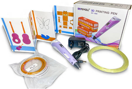 3D ручка Myriwell RP100B со светящимся в темноте пластиком и набором трафаретов, фиолет. 965044442692823