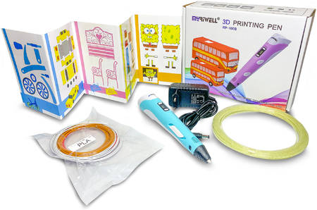 3D ручка Myriwell RP100B со светящимся в темноте пластиком и набором трафаретов, голубой 965044442692842