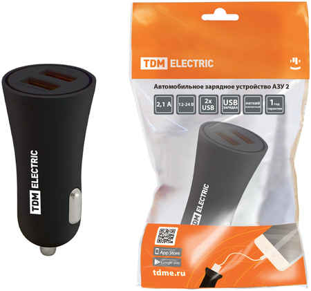 TDM ELECTRIC Автомобильное зарядное устройство, АЗУ 2, 2,1 А, 2 USB, черный, TDM SQ1810-0202 965044443014305