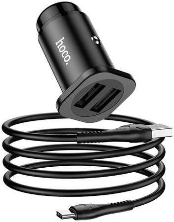 Автомобильное зарядное устройство 2xUSB с кабелем USB Type-C Hoco NZ4- Черное