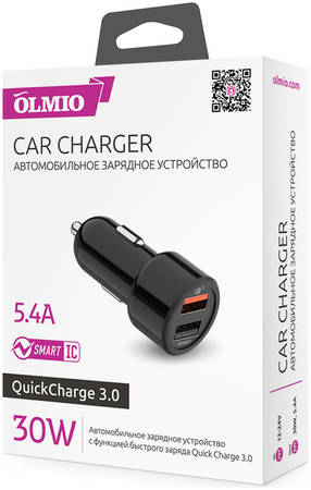 Автомобильное ЗУ Olmio 2USB, 30W, 5.4A, QuickCharge3.0, Smart IC 965044447522540
