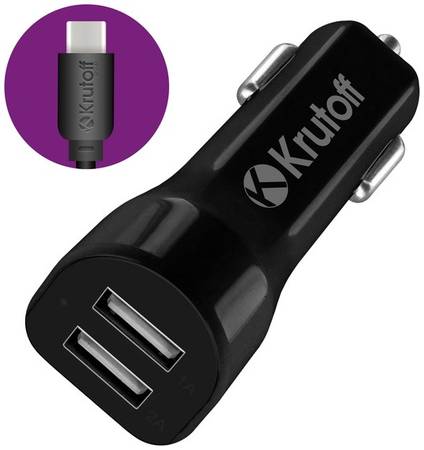 Автомобильное зарядное устройство Krutoff CCH-01C 2xUSB, 2.1A+кабель USB Type-C (black) 965044448700342