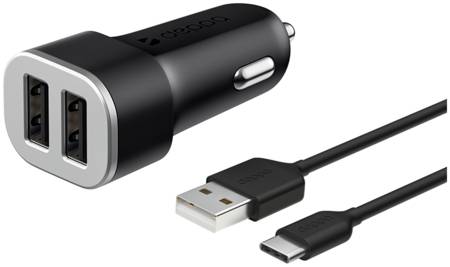 Автомобильное зарядное устройство Deppa 2 USB 2.4А + кабель USB Type-C, Ultra