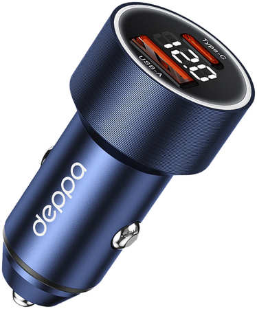 Deppa Автомобильное зарядное устройство Car Charger USB A + USB-C, PD, QC 3.0, 75W, дисплей, мет 11216