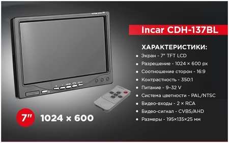 Incar (Intro) ЖК монитор Incar CDH-137BL на панель 7″ 2-RCA 1204*600