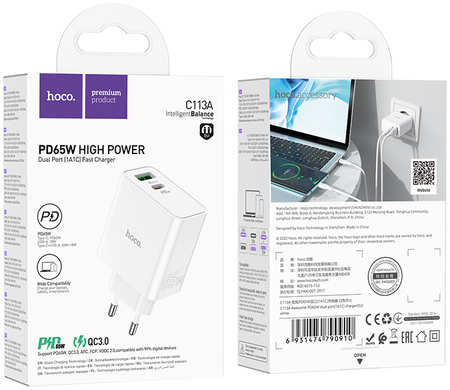 Сетевое зарядное устройство Hoco C113A 1x USB Type A, 1xUSB Type-C 3 А белый 965044487850317