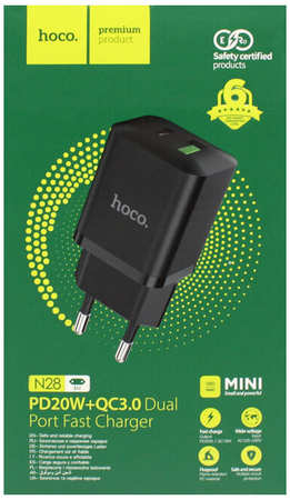 Сетевое зарядное устройство Hoco N28 1x USB Type A, 1xUSB Type-C 3 А черный 965044488307493