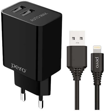 Сетевое зарядное устройство Pero TC02 2xUSB кабель lightning - usb, черный