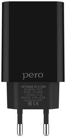 Сетевое зарядное устройство PERO TC02 2 USB, 2.1A кабель Type-C Black ТС02BL2AT