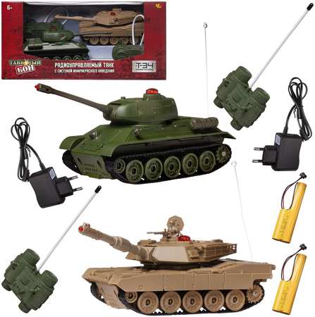 Junfa toys Танковый бой р/у, 2 танка Т34 и Абрамс, звук/свет, с зарядным устройством, 27 Мгц, 1:32