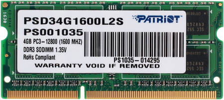Patriot Memory Оперативная память Patriot 4Gb DDR-III 1600MHz SO-DIMM (PSD34G1600L2S) Signature Line