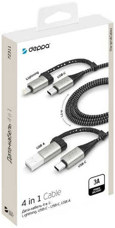 Кабель Deppa Lightning, USB-C-USB-C, USB-A алюминий, 1,2м, 3А Lightning, USB-C-USB-C, USB-A алюминий, 1.2м, 3А