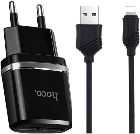 Сетевое зарядное устройство c 2 USB, кабель USB-Lightning Hoco C12, черное, max 2.4A 965844467333202