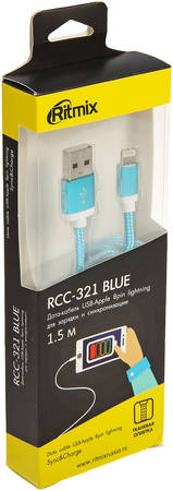 Кабель Ritmix RCC-321 Lightning 8pin-USB blue 1,5м, ткан, опл,, мет, коннекторы 965844467348320
