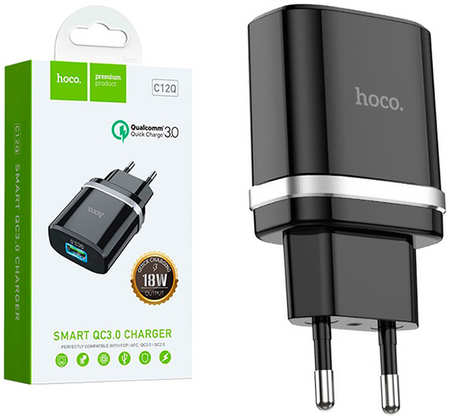 Сетевое зарядное устройство Hoco C12Q Smart 1xUSB, черный 965844473096009