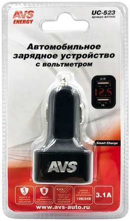 Автомобильное зарядное устройство USB с вольтметром (2 порта, 3.1А) (черный) AVS UC-523 965844478318122