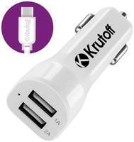 Автомобильное зарядное устройство Krutoff CCH-01C 2xUSB, 2.1A+кабель USB Type-C (white) (03571)