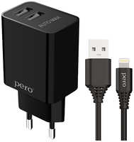 Сетевое зарядное устройство Pero TC02 2xUSB кабель lightning - usb, черный (4603768351535)