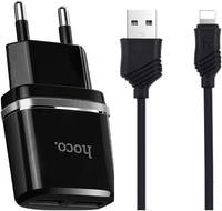 Сетевое зарядное устройство c 2 USB, кабель USB-Lightning Hoco C12, черное, max 2.4A