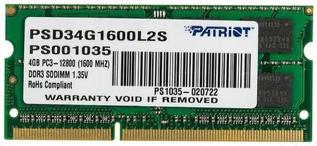 Оперативная память Patriot PSD34G1600L2S DDR3L - 1x 4ГБ 1600МГц, для ноутбуков (SO-DIMM), Ret 966261354