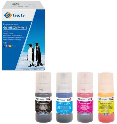 Чернила G&G GG-101BKCMY-45ml*4 101BKCMY, для Epson, 45мл, голубой/пурпурный/желтый/черный 9666442354
