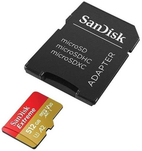 Карта памяти microSDXC UHS-I U3 Sandisk Extreme 512 ГБ, 190 МБ/с, Class 10, SDSQXAV-512G-GN6MA, 1 шт., переходник SD