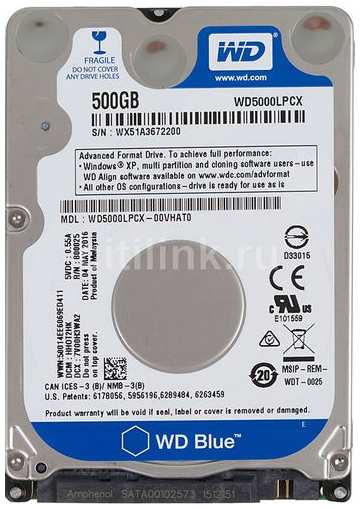 Жесткий диск WD Blue WD5000LPCX, 500ГБ, HDD, SATA III, 2.5″ 966709752