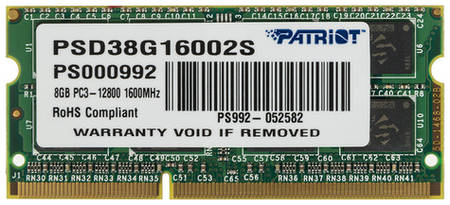 Оперативная память Patriot PSD38G16002S DDR3 - 1x 8ГБ 1600МГц, для ноутбуков (SO-DIMM), Ret 966716921