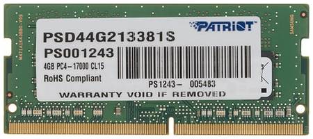 Оперативная память Patriot PSD44G213381S DDR4 - 1x 4ГБ 2133МГц, для ноутбуков (SO-DIMM), Ret 966759199